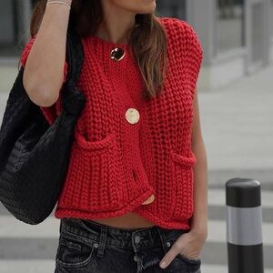 Crochet Crop Knit Cardigan Sweater Vest Sleeveless Button Down Loose medium‎